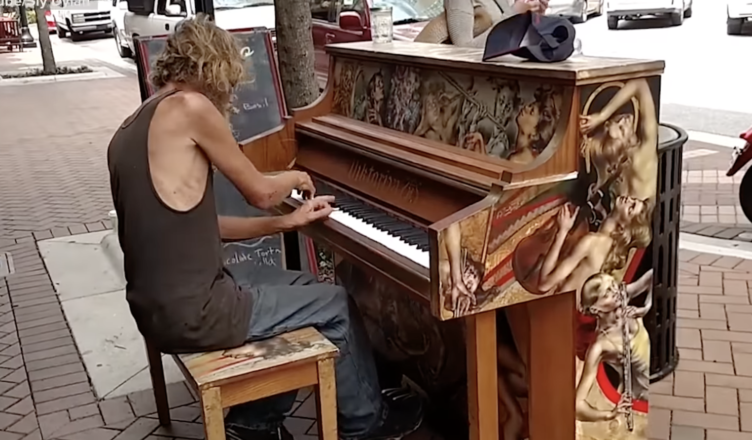 A man who is homeless does an incredible rendition of Styx’s song “Come Sail Away” on the piano…